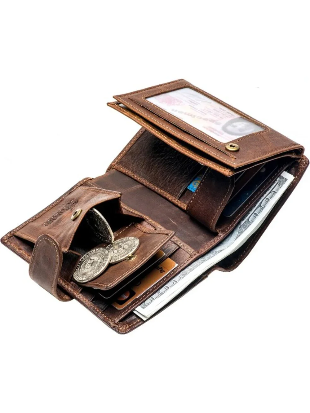 Large RFID Genuine Leather Trifold Wallet | Snap Closure, 3 ID Windows for Men